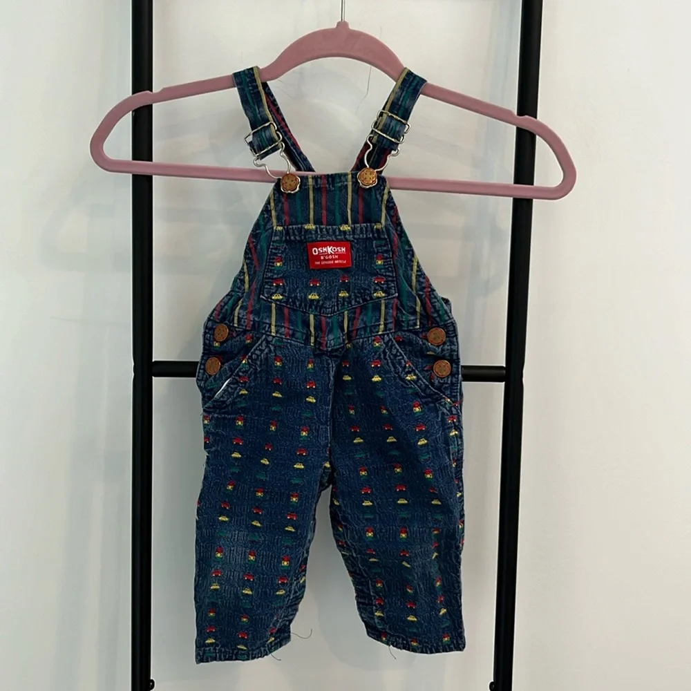 Vintage Oshkosh B’Gosh Car  Overalls Shirt Set Size 6-9 Months USA